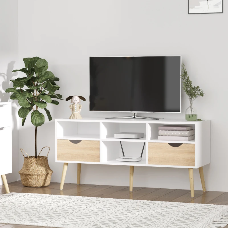 HOMCOM tv-tafel tv-meubel met 2 lades tv-plank spaanplaat massief houten poten wit + eiken 117 x 39 x 57 cm