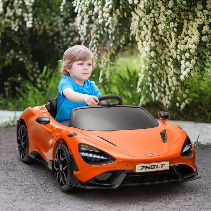 AIYAPLAY McLaren 765LT Licensed 12V Kids Electric Ride on Car with Butterfly Doors, Remote Control, Transport Wheels, Orange