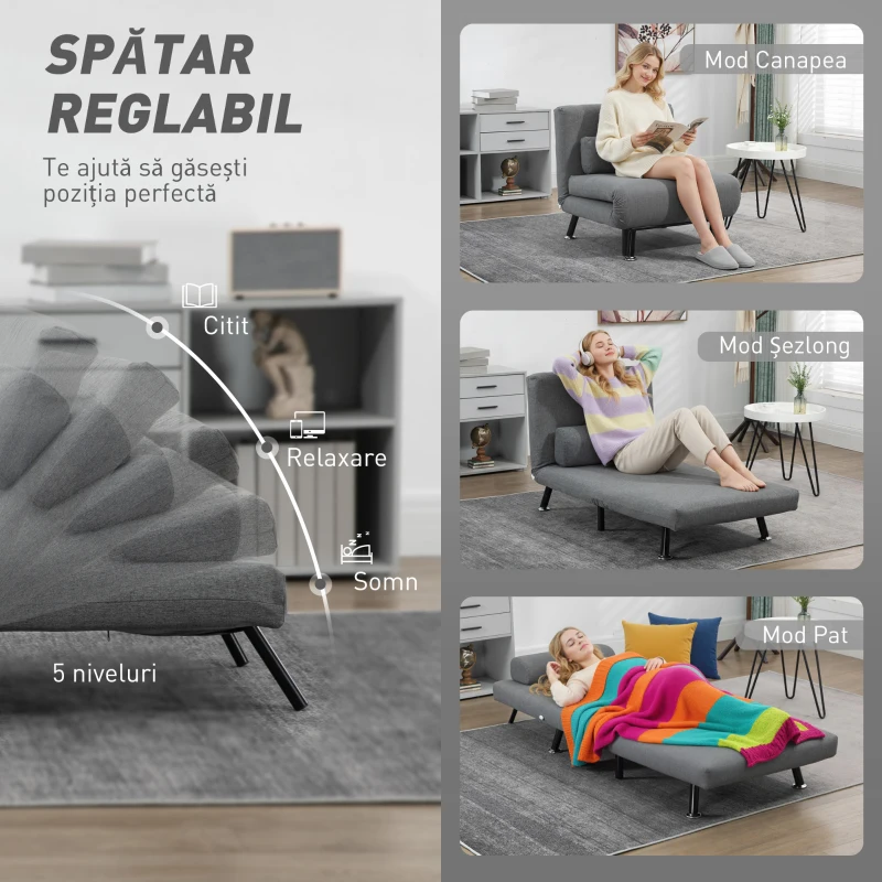 HOMCOM Fotoliu Pat cu Spătar Reglabil în 5 Poziții, Țesătură cu Aspect de In și Cadru din Oțel, 75x70x75 cm, Gri