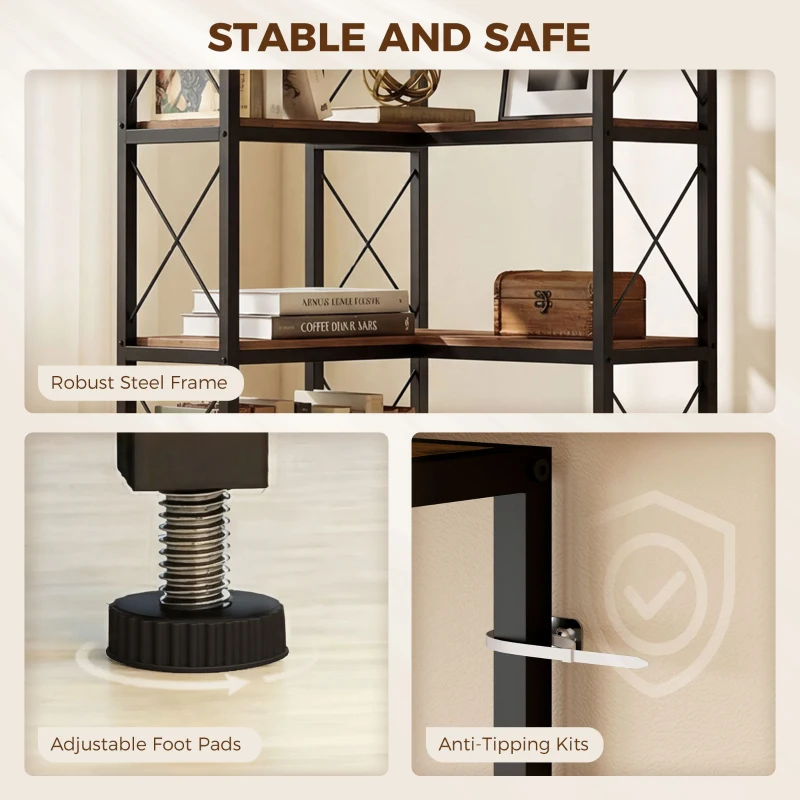 HOMCOM 6-Tier L-Shaped Bookshelf, Freestanding Corner Bookcase with Metal Frame, Rustic Brown