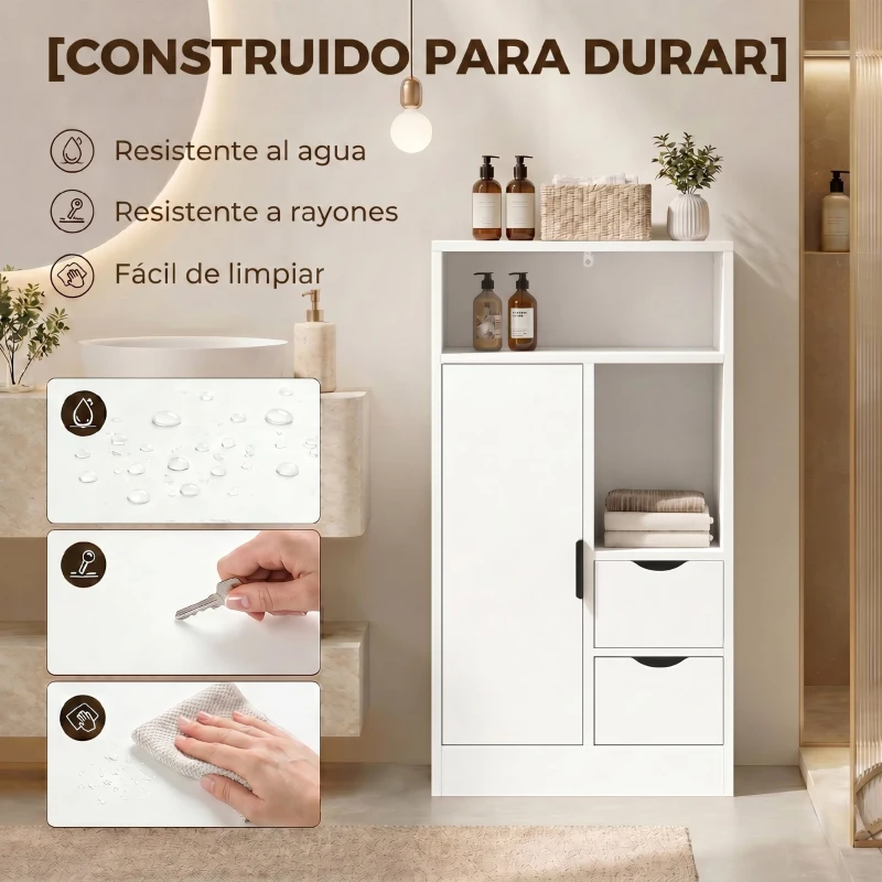 HOMCOM Armario de Baño con 2 Cajones Compartimento Abierto y Estantes Ajustables para Espacio Pequeño 50x25x100 cm Blanco