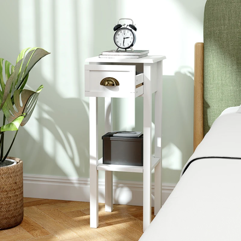 HOMCOM Juego de 2 Mesas Auxiliares Mesitas de Noche con Cajón y Estante de Almacenamiento para Dormitorio 30x30x75 cm Blanco