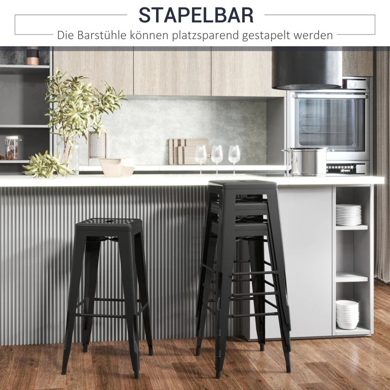 HOMCOM 4-delige Set Barkrukken van Metaal, voor Binnen en Buiten, Stapelbaar Ontwerp, Zwart