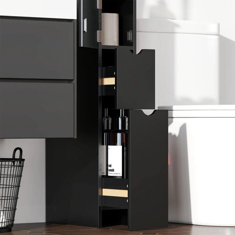 HOMCOM Mobile Colonna Salvaspazio in Legno con Ripiani, Armadietto e Cassetti, Nero, 15x33x136.8cm