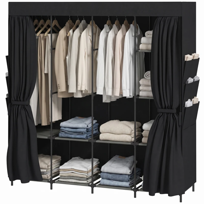 HOMCOM Armario de tela, a prueba de polvo, portátil, 5 barras para ropa, 170 x 45 x 167 cm, Negro
