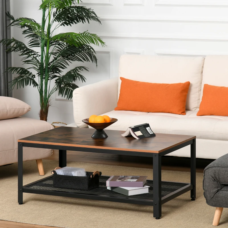 HOMCOM Mesa de Centro Mesa Baja Industrial con Estante de Rejilla y Patas de Metal para Salón 106x60x45 cm Marrón y Negro