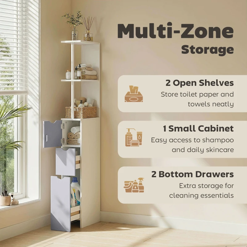 HOMCOM Tall Bathroom Cabinet, Freestanding Slim Bathroom Storage Cabinet with 2-Tier Open Shelf and 2 Drawers for Small Space, Narrow Cupboard Storage Unit, White and Grey