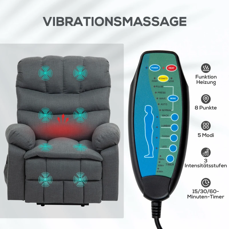 HOMCOM Sta-opstoel, elektrische ligstoel met massagefunctie, gestoffeerde stoel met opsta-functie, metaal, stof, grijs