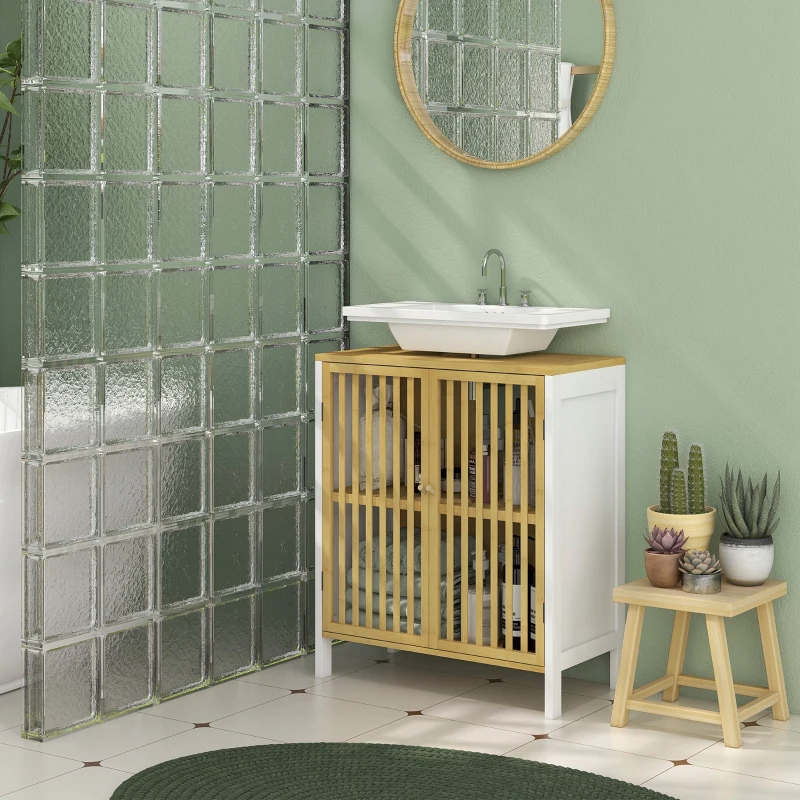 HOMCOM Armario de Baño Bajo Lavabo de Bambú con Puerta Doble y Estante Ajustable Carga 30 kg 60x30x70 cm Natural y Blanco