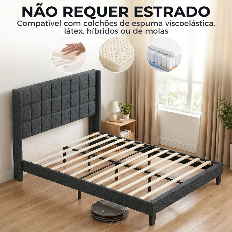 HOMCOM Cama de Casal 135x190 cm com Cabeceira Estofada com Laterais e Arrumação Inferior, Cinzento