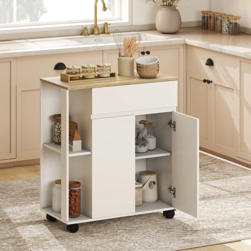 HOMCOM Carrello Cucina con Cassetto, Armadietto e 2 Ripiani Laterali, in Legno, 78x39.5x88.5 cm, Bianco e Rovere