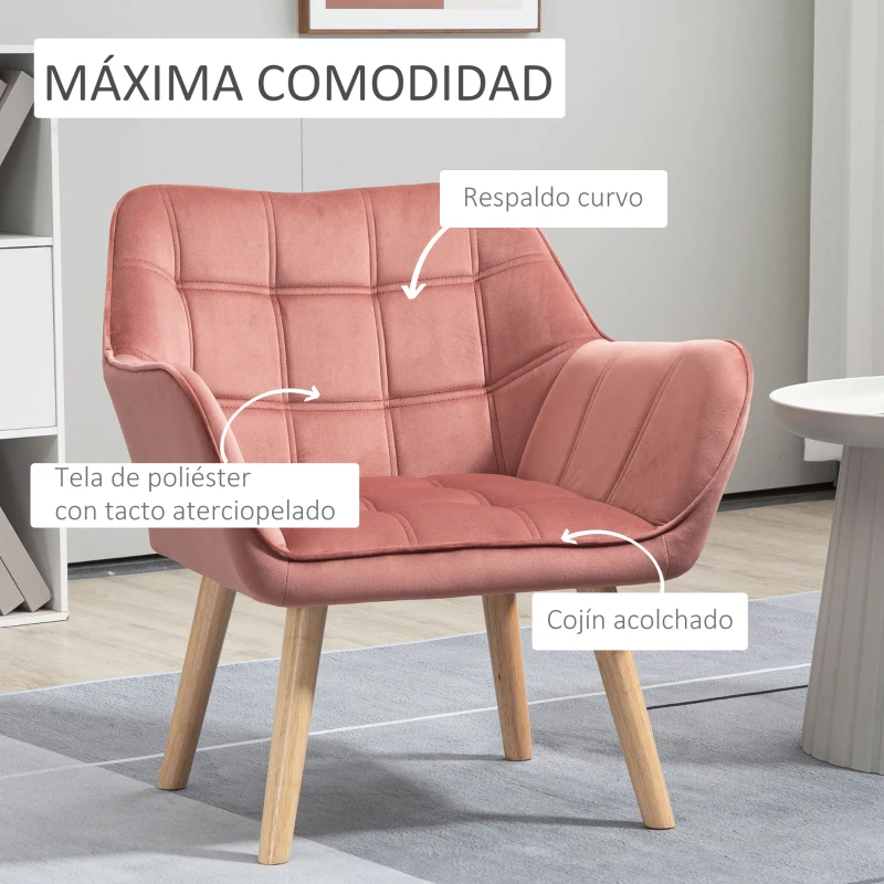 HOMCOM Butaca de Salón Moderna Tapizado en Terciopelo con Asiento Ancho Patas de Madera Sillón Relax para Sala de Estar Rosa