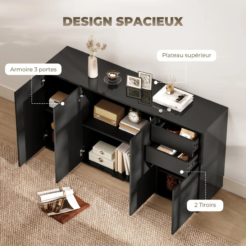 HOMCOM Buffet meuble de rangement 2 tiroirs coulissants 4 portes étagère réglable panneaux de particules 140 x 36 x 74 cm noir
