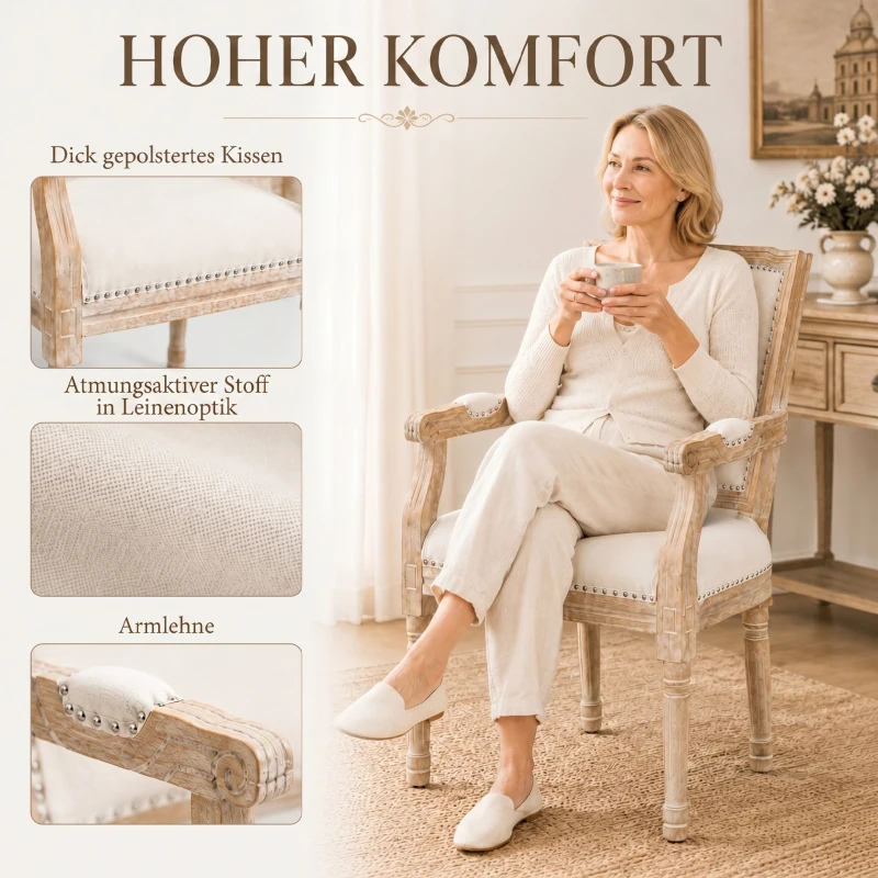 HOMCOM Eetkamerstoel in Franse Landelijke Stijl, Decoratieve Nagels, Rubberhout, Crème, 54,5 x 59 x 96 cm