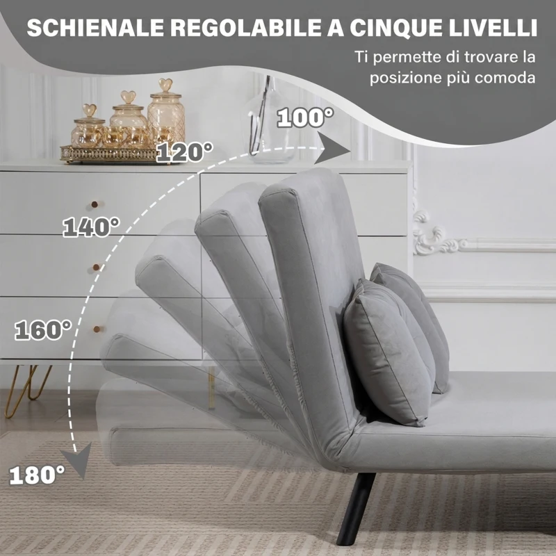 HOMCOM Divano Letto 3 in 1 in Tessuto Effetto Velluto con Schienale Regolabile e 2 Cuscini, 102x73x81 cm, Grigio Chiaro