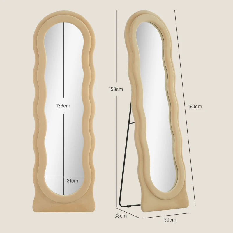 HOMCOM Espelho de Pé 50x160 cm Espelho de Corpo Inteiro ou de Parede com Desenho Assimétrico e Estrutura de Veludo Bege