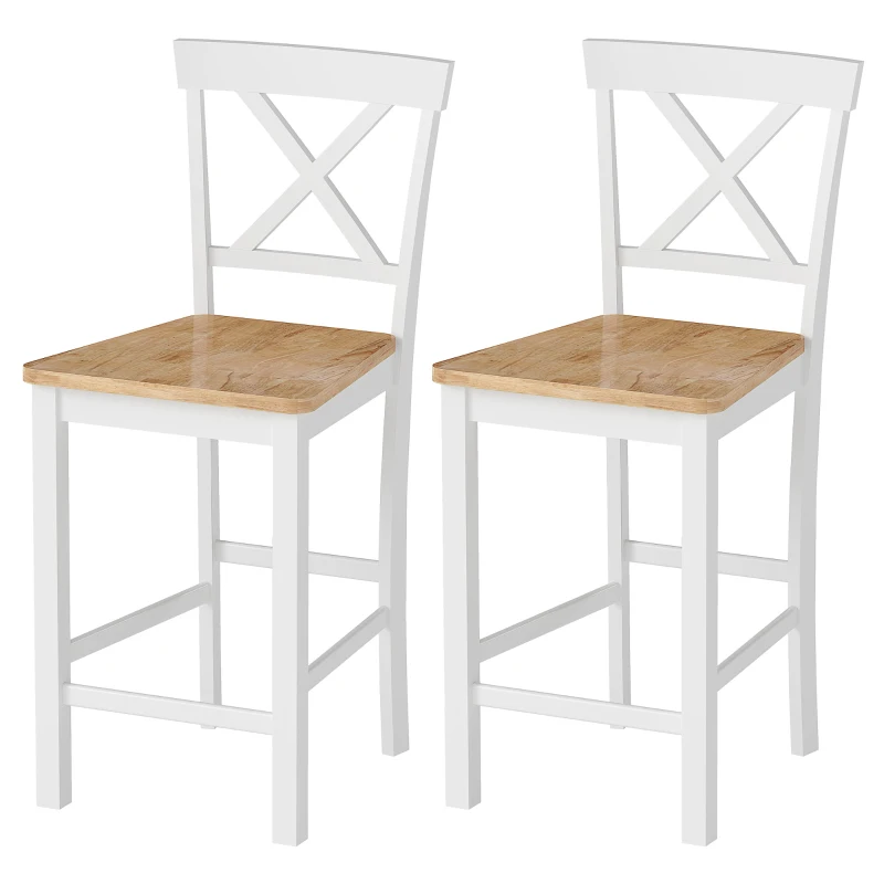 HOMCOM 2-delige Set Barstoelen met Rugleuning en Voetsteun, Rubberwood, voor Keuken, Eetkamer, Bar, Eiken + Wit(m-10)