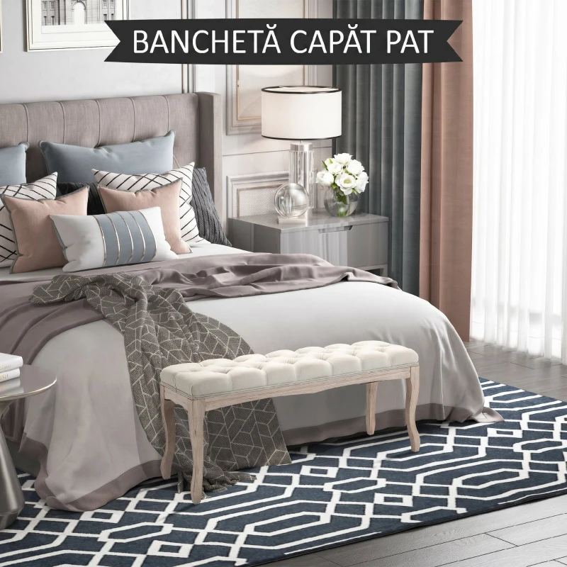 HOMCOM Bancă Vintage pentru Capătul Patului cu Șezut Tapițat din Material Textil și Picioare din Lemn, 110x40x48cm, Bej