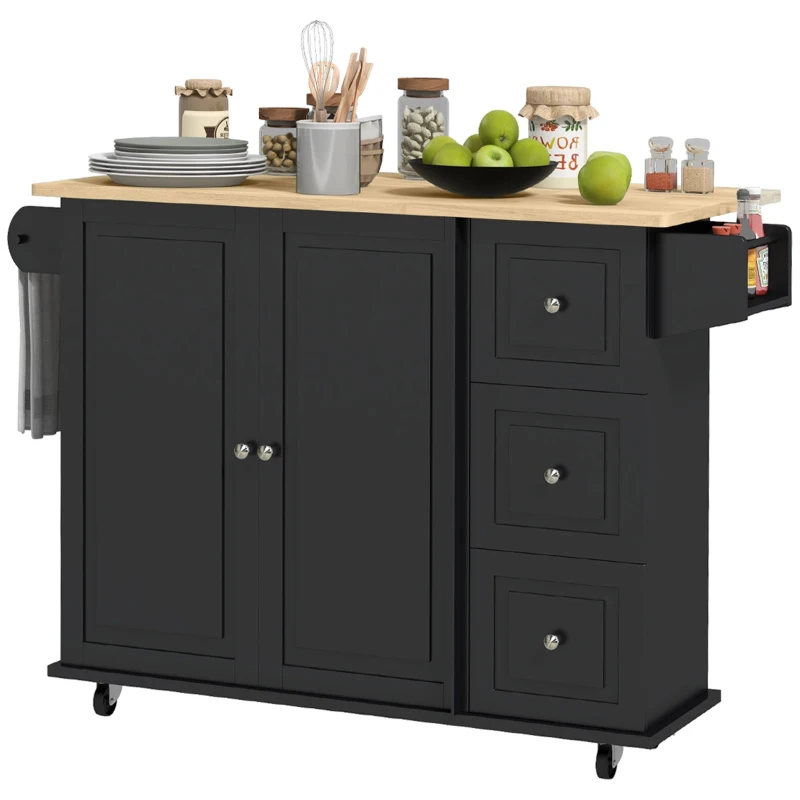 HOMCOM Kitchen Island with Drop Leaf, Rolling Kitchen Storage Trolley on Wheels with 3 Drawers, Black
