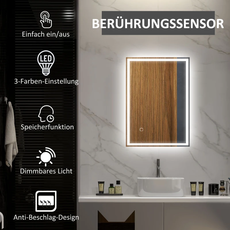 HOMCOM Badkamerspiegel Wandspiegel LED met touchschakelaar, Wit
