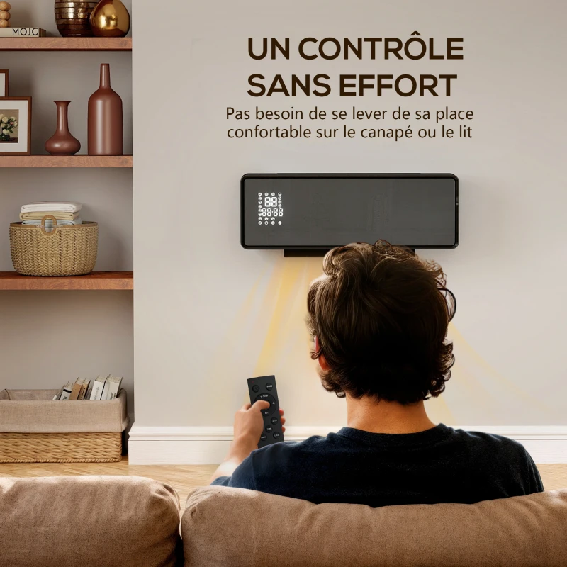 HOMCOM Chauffage mural en céramique 1000/2000W, radiateur électrique, ventilateur, thermostat, minuterie, 54x18,7x12,3cm, noir(m-10)