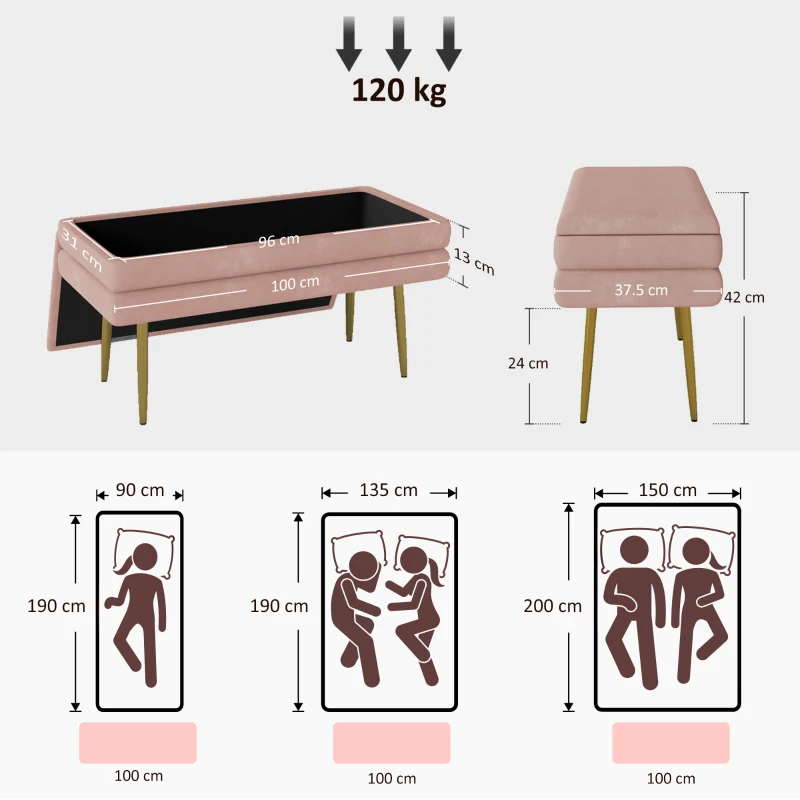 HOMCOM Zitbank Gestoffeerde Bank, met Opbergruimte, Staal, 100 x 37,5 x 42 cm, Roze
