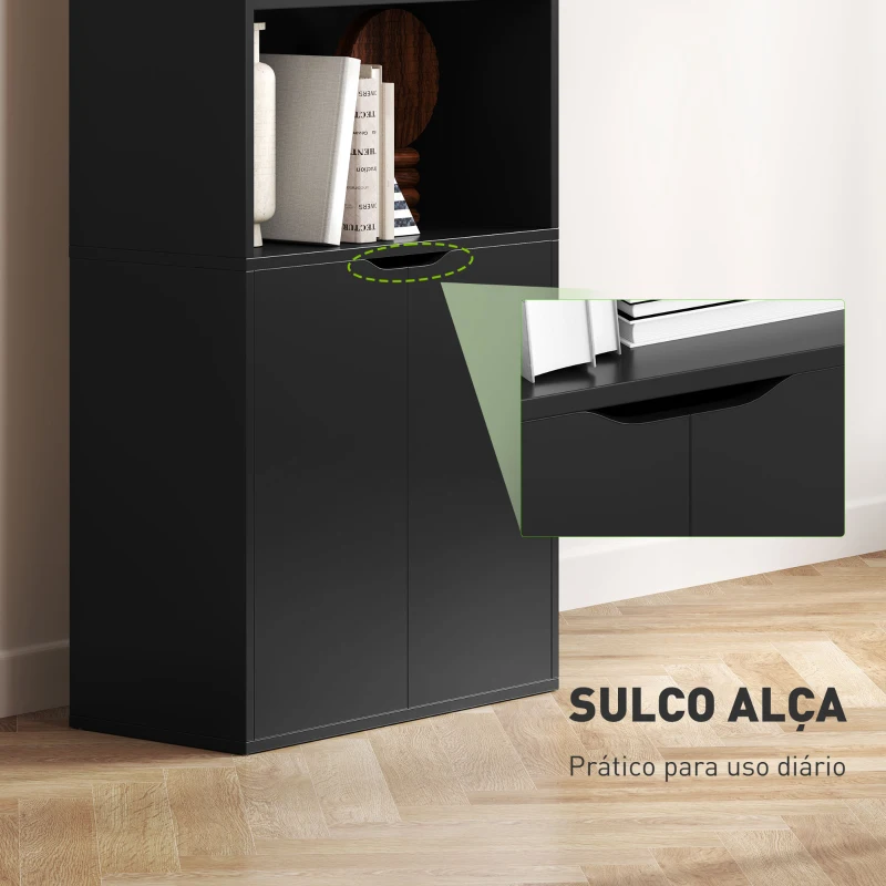 HOMCOM Estante para Livros de 6 Níveis Portas e 4 Prateleiras Abertas para Sala Escritório 59x29x180 cm Preto