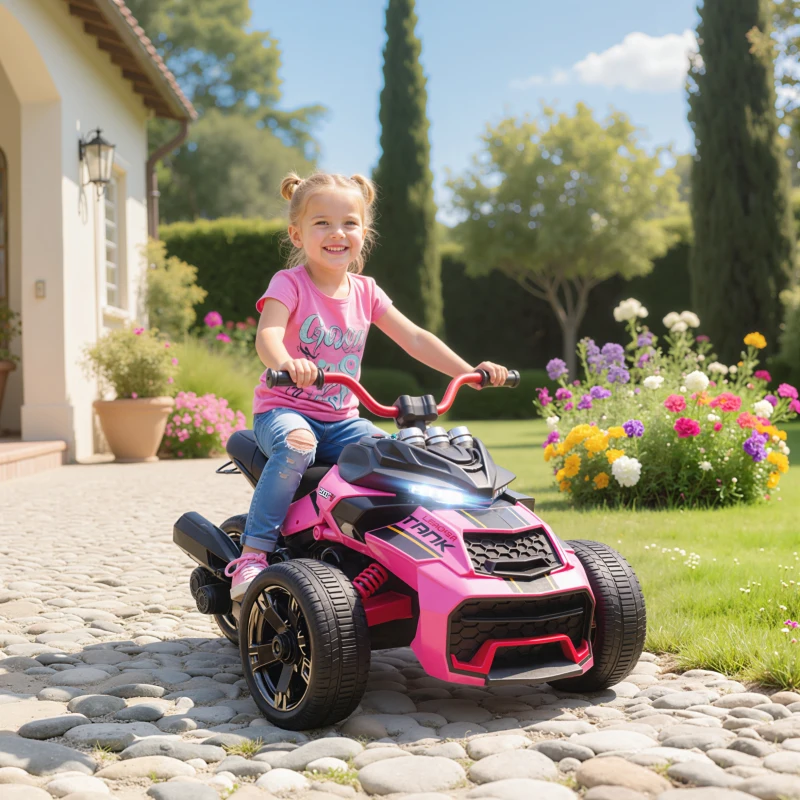 AIYAPLAY 12V Kids Electric Ride On Car with 3 Wheeler, MP3 Player, Horn, 2 Speeds, LED Lights for Boys & Girls Ages 3-8, Pink