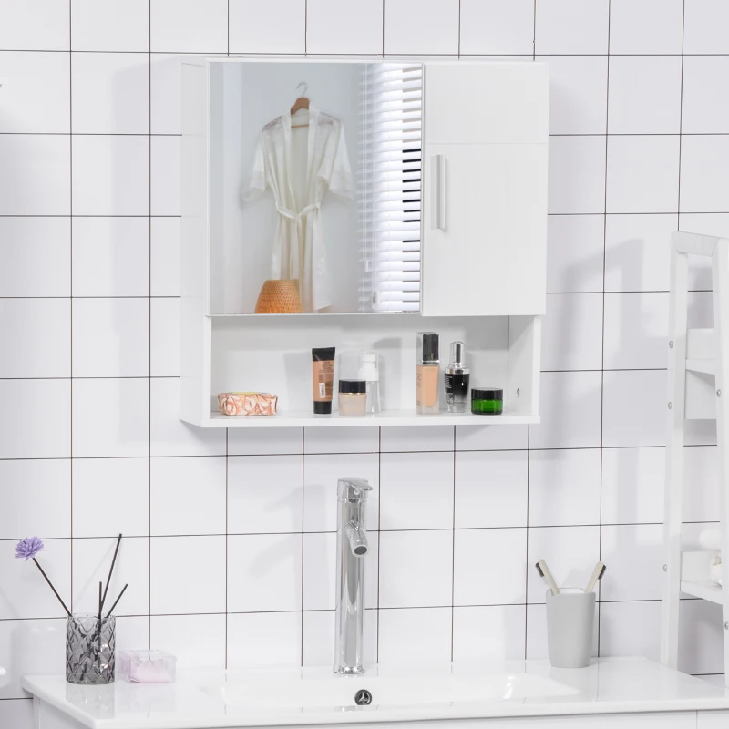 kleankin Armoire murale miroir de salle de bain avec portes et étagère réglable - dim. 54L x 15,2l x 55,3H cm blanc