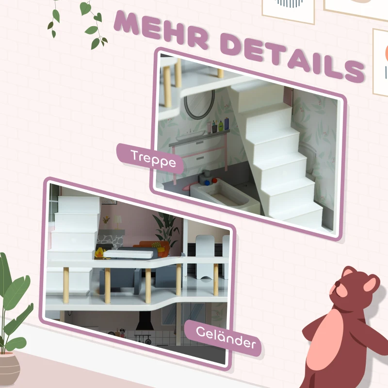 AIYAPLAY poppenhuis, 3-laags houten speelhuis met 13 meubels en trap, 85,3 cm hoog, speelgoedcadeau voor meisjes van 3-6 jaar, grijs