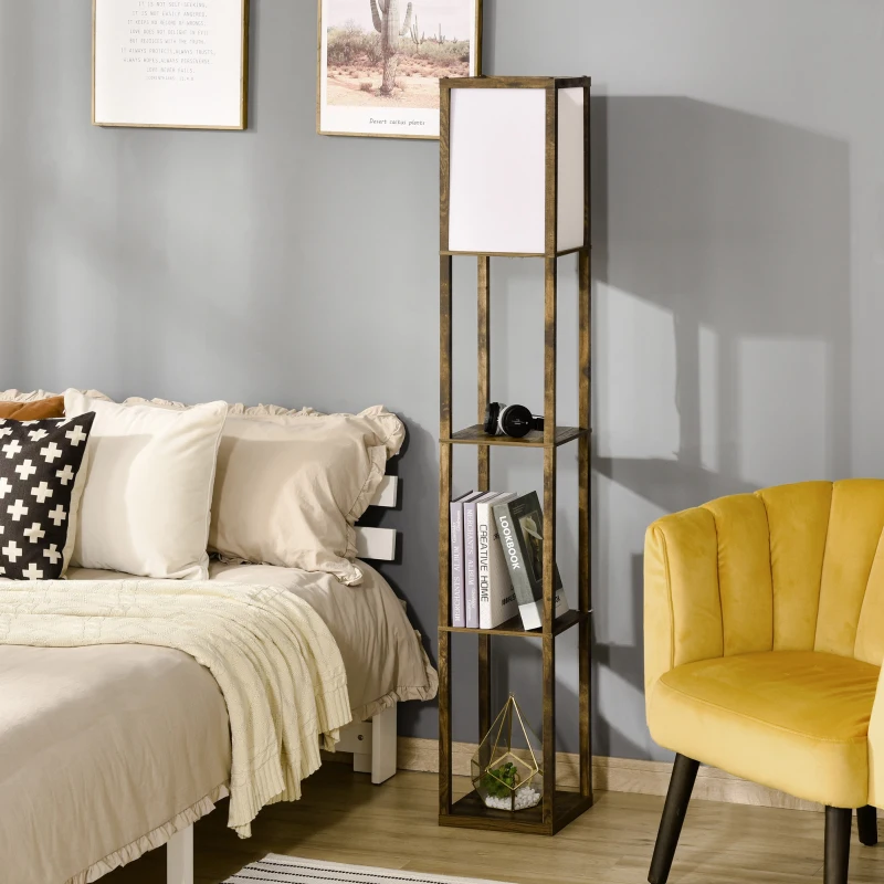 HOMCOM Candeeiro de Pé de Madeira com 3 Prateleiras para Lâmpada E27 Potência Máx. 40W 26x26x160 cm Marrom Rústico