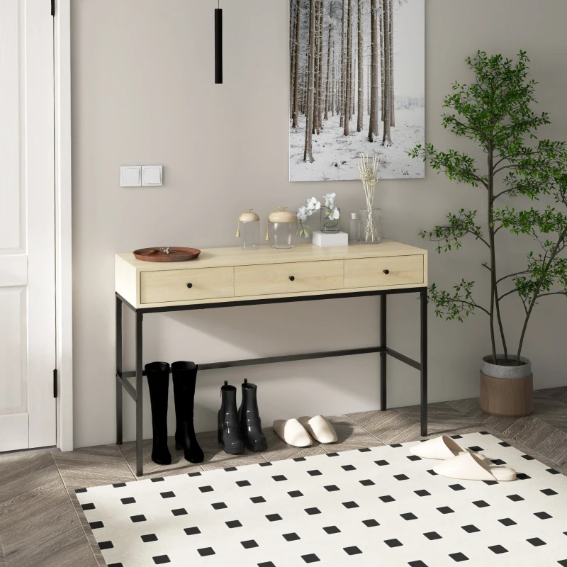 HOMCOM Table console table d'entrée structure en acier 3 tiroirs effet bois style industriel 120 x 39,8 x 78 cm naturel noir
