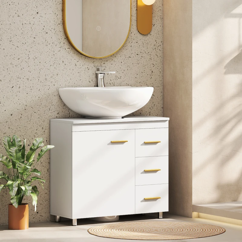 HOMCOM Mobile Sottolavabo con Intaglio a U, Armadietto e 3 Cassetti, Chiusura Ammortizzata, 70x30x65 cm, Bianco