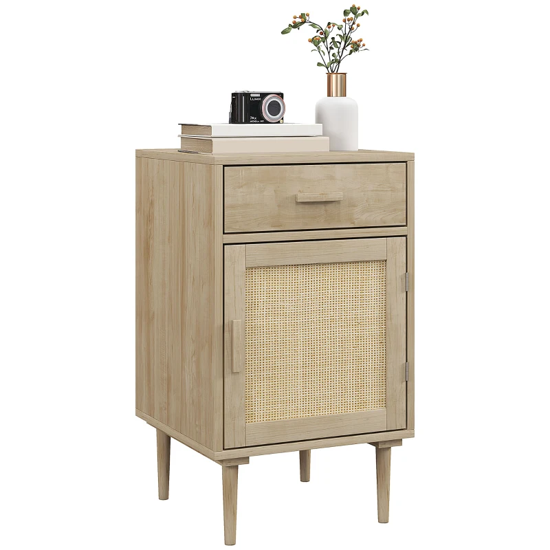 HOMCOM Table de chevet avec placard et étagère porte rotin tissé 1 tiroir design bohème - 40 x 40 x 68,5 cm naturel