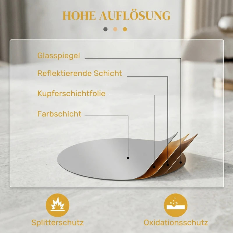 HOMCOM Espelho Decorativo de Parede Adorno de Parede Metálico Ø65 cm com Ganchos para Sala de Estar Quarto Corredor Dourado