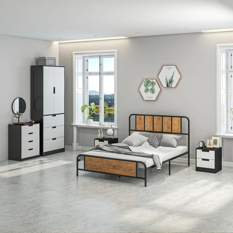 HOMCOM Bedroom Furniture Set, Wardrobe with Hanging Rod, 4 Drawer Chest of Drawers, 2 Bedside Tables with Storage, White and Black