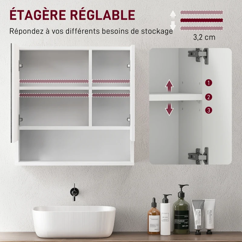 kleankin Armoire murale miroir de salle de bain placard de rangement 2 portes 55 x 17 x 55 cm blanc