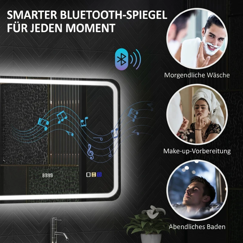 HOMCOM Badkamerspiegel met LED-verlichting, anti-condenspad, 3 instelbare lichtkleuren en klok, 80 x 60 cm, zilver