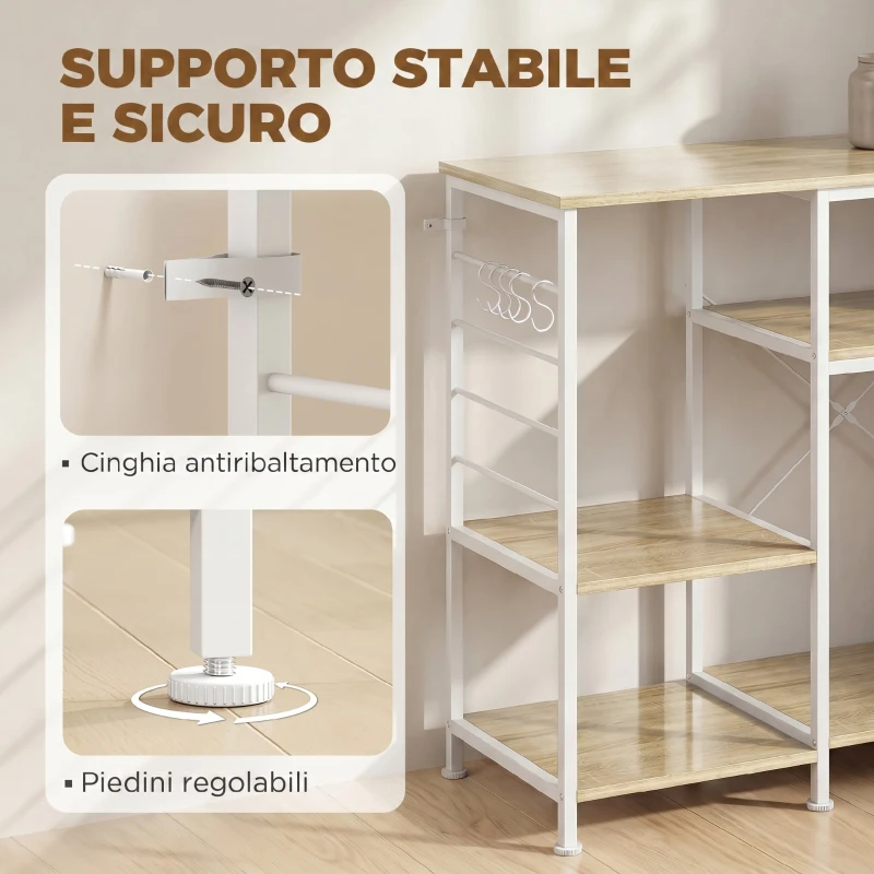HOMCOM Scaffale Cucina con Ripiani in Legno e Metallo con 5 Ganci, Salvaspazio, 90x39x83.5 cm, Rovere