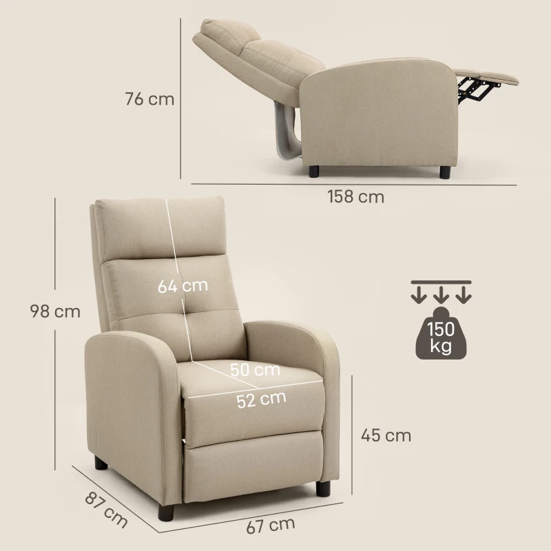 HOMCOM Relaxfauteuil met ligfunctie, uitklapbaar voetgedeelte, pocketvering, tot 150 kg, beige