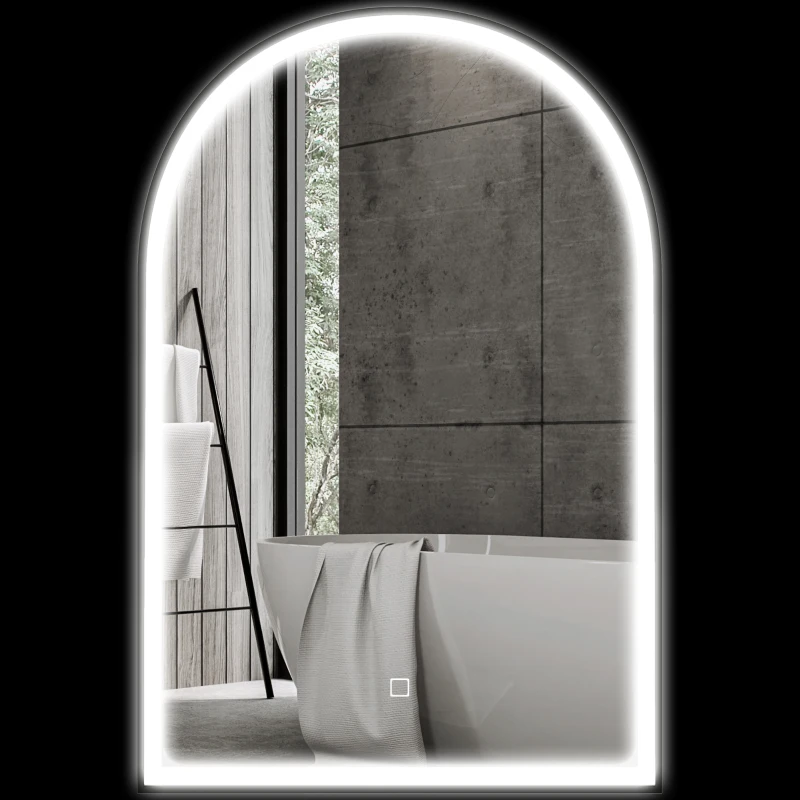 HOMCOM Miroir de salle de bain LED 90 x 60cm, mural, 3 couleurs, arqué cadre en aluminium, désembuage et interrupteur tactile