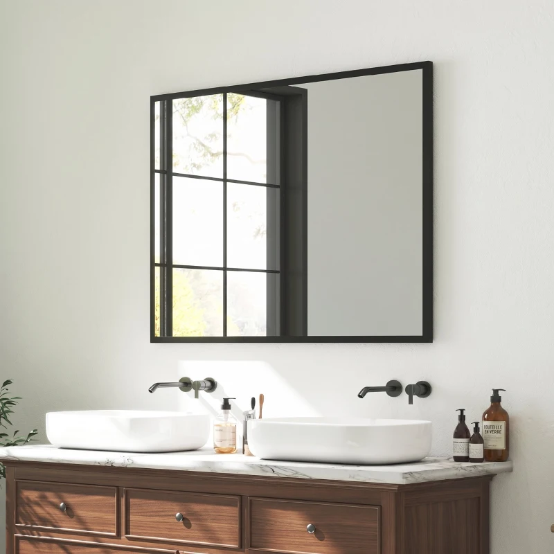 HOMCOM Miroir mural rectangulaire 76 x 101 cm, cadre en bois noir, idéal pour la salle de bain, salon ou chambre