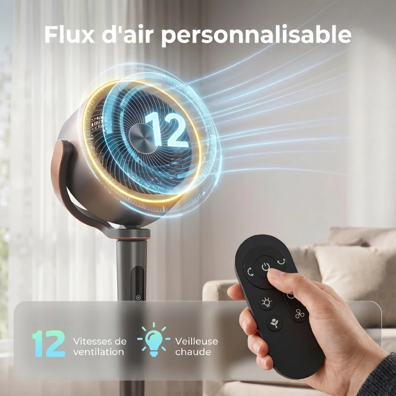 HOMCOM Ventilateur sur pied silencieux 20 dB, oscillation automatique 70°+90°, 12 vitesses, lumière LED et minuterie 12H