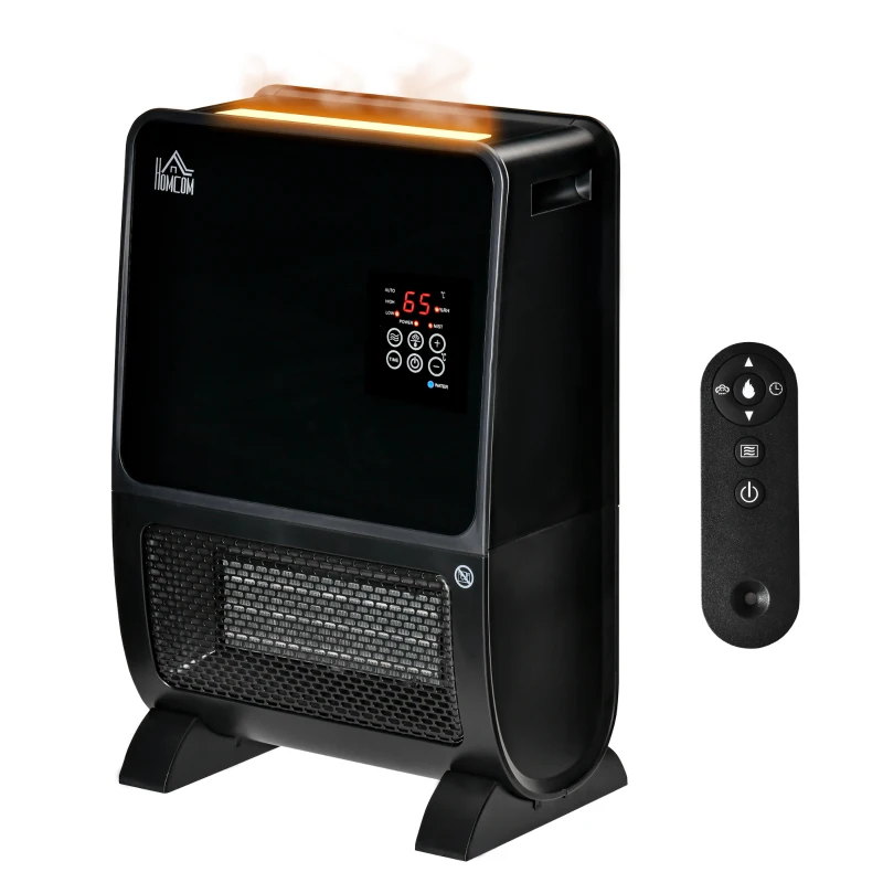HOMCOM Calefactor Eléctrico Portátil 2000W 2 en 1 Radiador Cerámico con Humidificador Función de Desinfección Mando a Distancia Termostato Temporizador Luces LED para Sala de 30 m² 33x21x49,5 cm Negro