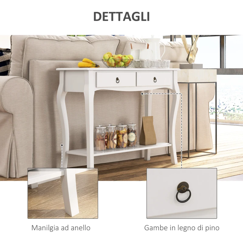 HOMCOM Mobiletto Tavolo Consolle da Ingresso Moderno con 2 Cassetti Casa Legno, per Soggiorno, Camera da Letto e Ingresso, 100x33x75cm, Bianco