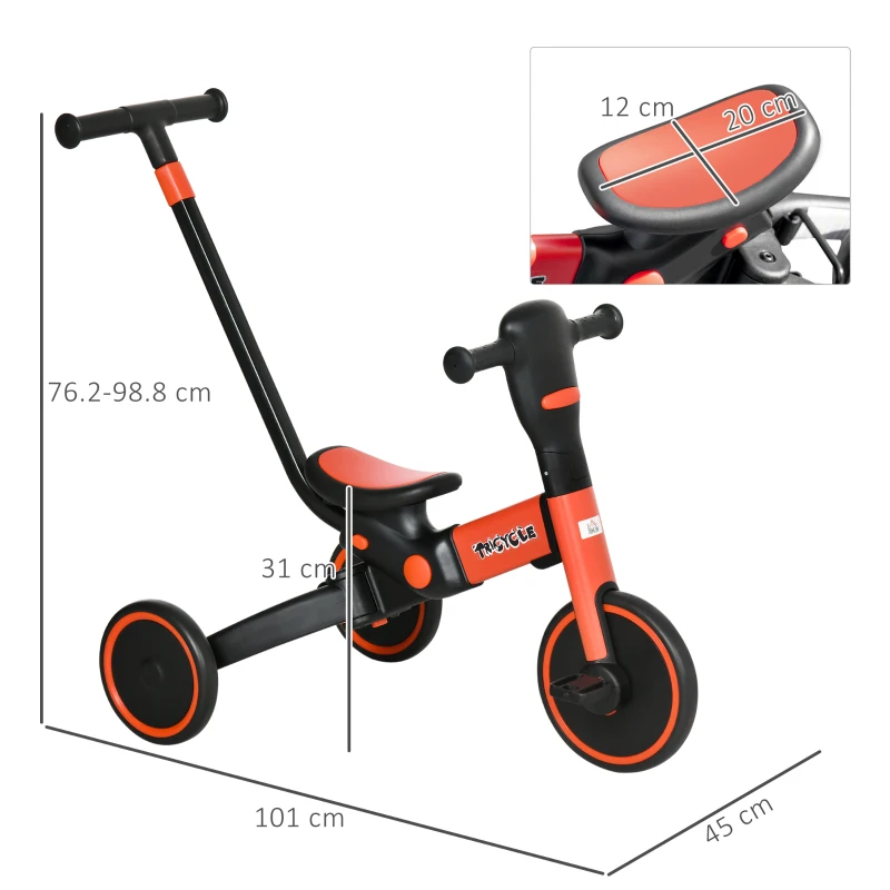 HOMCOM Triciclo per Bambini 18-60 Mesi con Manubrio Regolabile e Ruote Chiuse, 101x45x86.5 cm, Rosso