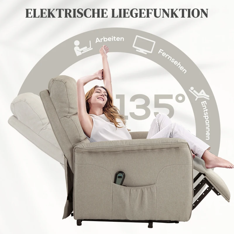 HOMCOM Relaxfauteuil met opsta-ondersteuning, verstelbare rugleuning/voetensteun, tot 120 kg, 66 x 90 x 96 cm, Beige