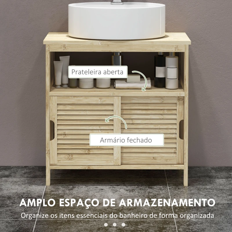 HOMCOM Móvel para Lavatório Pousar em Bambu com Portas Deslizantes de Ripas Compartimento Aberto 60x30x60 cm Madeira