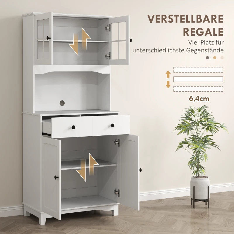 HOMCOM Keukenkast met glazen deuren, 2 lades, servieskast, eetkamerkast, hout, 68 x 39,5 x 170 cm, Wit(m-5)