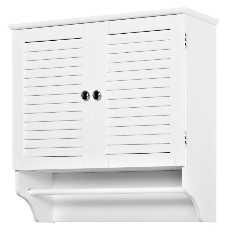 kleankin Armoire Murale Salle de Bain - Placard 2 Portes persiennes avec étagère - Porte-Serviette - Bois Blanc
